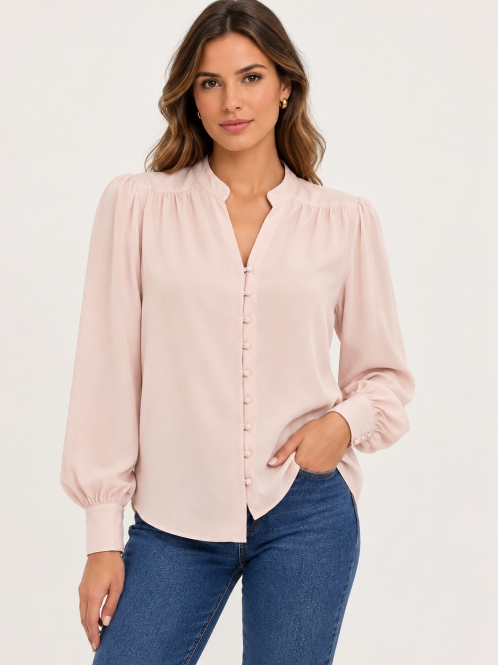 Alex & Lili Beige Sheer Button Front Blouse Long Sleeve - Size L